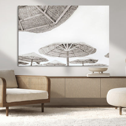 97043123-MGV-CV-36X24-Beach Umbrella Wall Art – Minimalist Coastal Canvas Print, Woven Parasol Summer Decor for Bedroom, Living Room, or Modern Beach