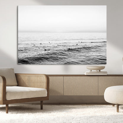47208268-MGV-CV-36X24-Surfer Ocean Wall Art – Black and White Coastal Canvas Print, Minimalist Surfing Seascape Decor for Living Room, Bedroom, or Beach