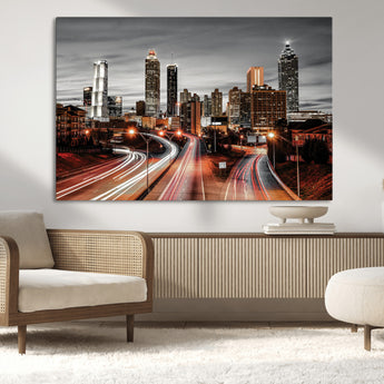59097239-MGV-CV-36X24-City Skyline Wall Art – Modern Black and White Night Canvas Print with Red Light Trails, Urban Landscape Decor for Living Room or