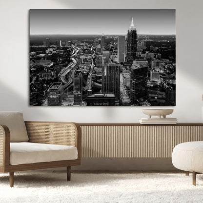 46578567-MGV-CV-36X24-Atlanta Skyline Wall Art – Black and White Cityscape Canvas Print, Modern Urban Night Decor for Office, Living Room, or Apartment