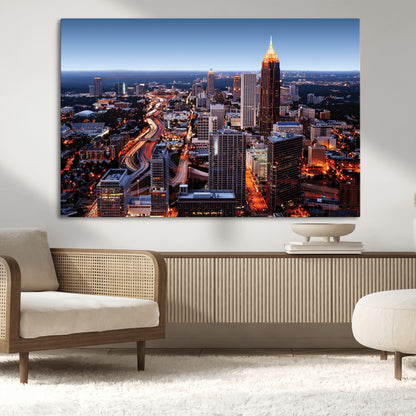 81886632-MGV-CV-36X24-Atlanta Skyline Wall Art – Vibrant City Lights Canvas Print, Modern Urban Cityscape Decor for Living Room, Office, or Apartment