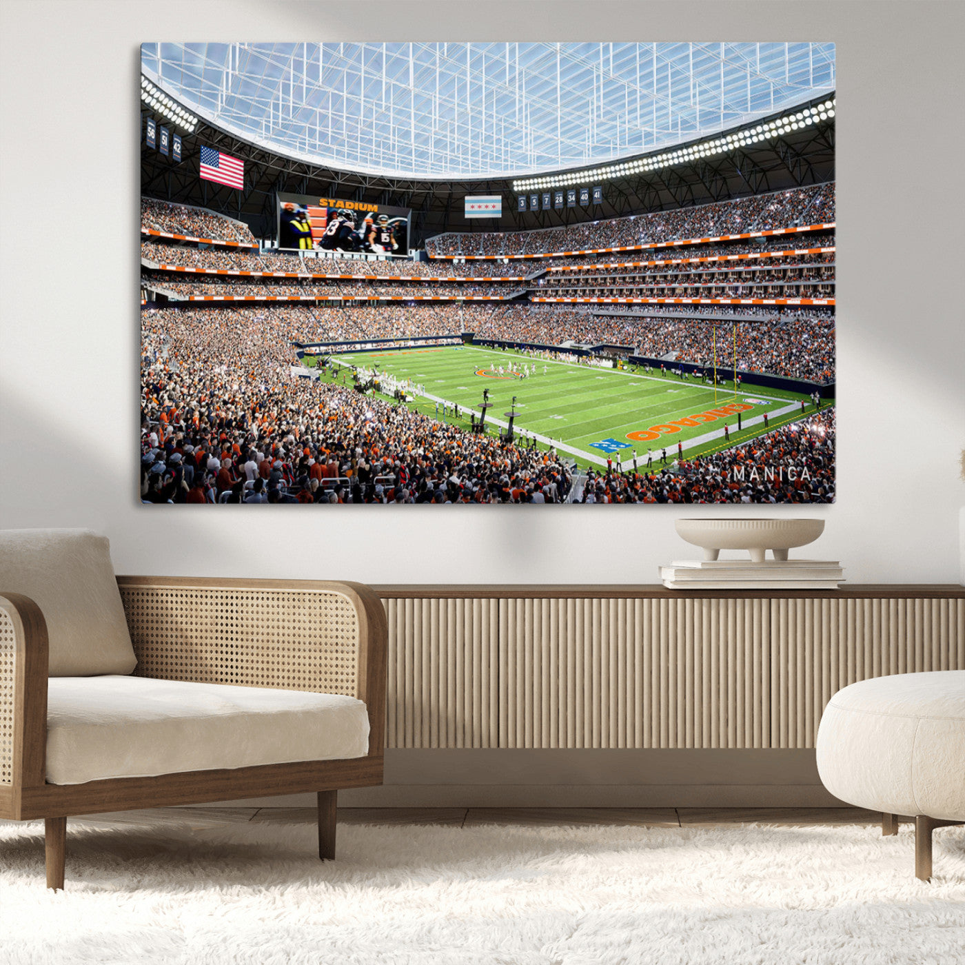 32530647-MGV-CV-36X24-Chicago Bears Stadium Wall Art – Futuristic Dome Arena Canvas Print, Modern Football Concept Design Decor for Man Cave, Bar, or