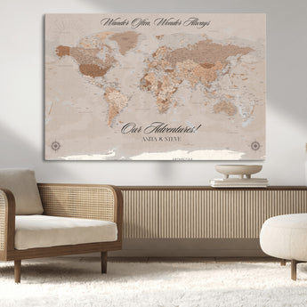 95243244-MGV-CV-36X24-Wander Often Wonder Always World Map Wall Art – Neutral Beige Adventure Canvas Print, Rustic Boho Travel Decor for Bedroom, Living