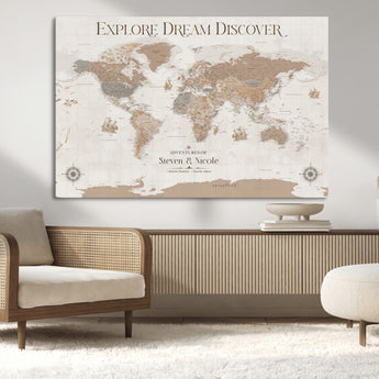 63516865-MGV-CV-36X24-Explore Dream Discover World Map Wall Art – Inspirational Travel Adventure Canvas Print, Neutral Parchment Style Explorer Decor