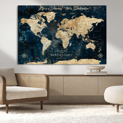 36970886-MGV-CV-36X24-Life is a Journey Not a Destination World Map Rustic Navy Beige Vintage Travel Wall Art Adventure Quote Canvas Print for Home