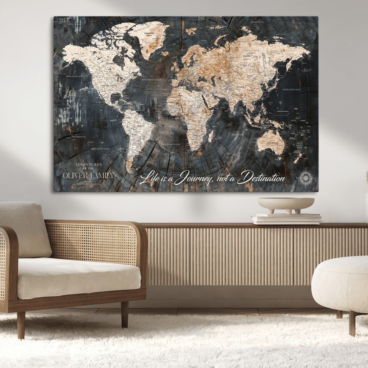 37848568-MGV-CV-36X24-Life is a Journey Not a Destination World Map Rustic Wood Texture Vintage Beige Navy Adventure Wall Art Canvas Print for Home