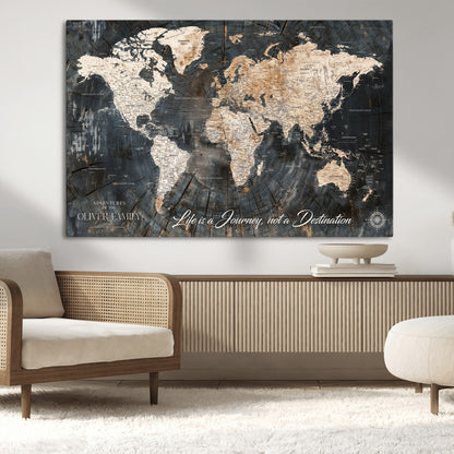 37848568-MGV-CV-36X24-Life is a Journey Not a Destination World Map Rustic Wood Texture Vintage Beige Navy Adventure Wall Art Canvas Print for Home