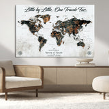 88337180-MGV-CV-36X24-Little by Little One Travels Far Tolkien Quote World Map Rustic Black Brown Adventure Wall Art Canvas Print for Home Office Living