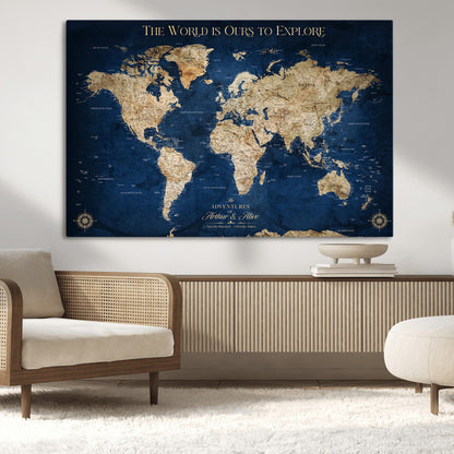 54782997-MGV-CV-36X24-The World is Ours to Explore Wall Art – Blue World Map Canvas Print, Adventure Travel Decor for Home, Office or Living Room,