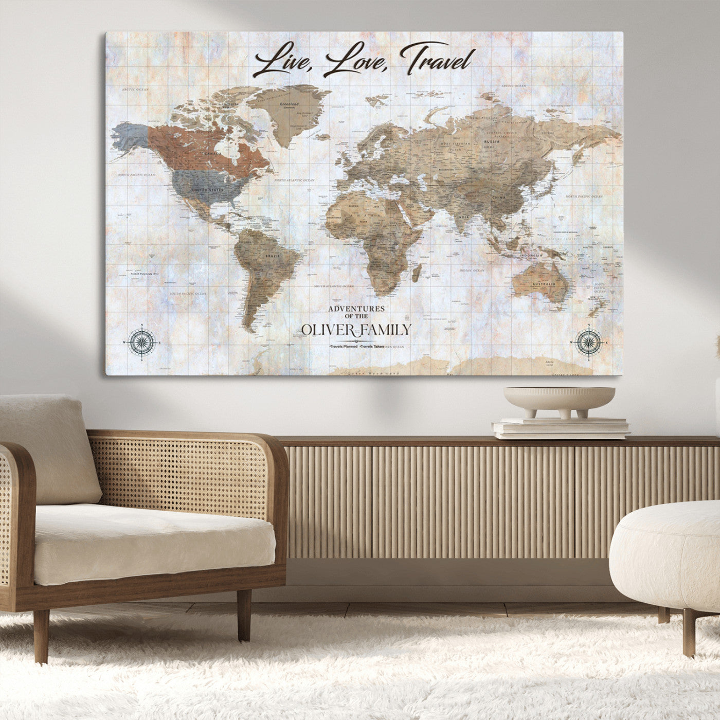 43924907-MGV-CV-36X24-Live Love Travel Wall Art – Neutral World Map Canvas Print, Rustic Adventure Decor for Home, Office or Living Room, Unique Gift
