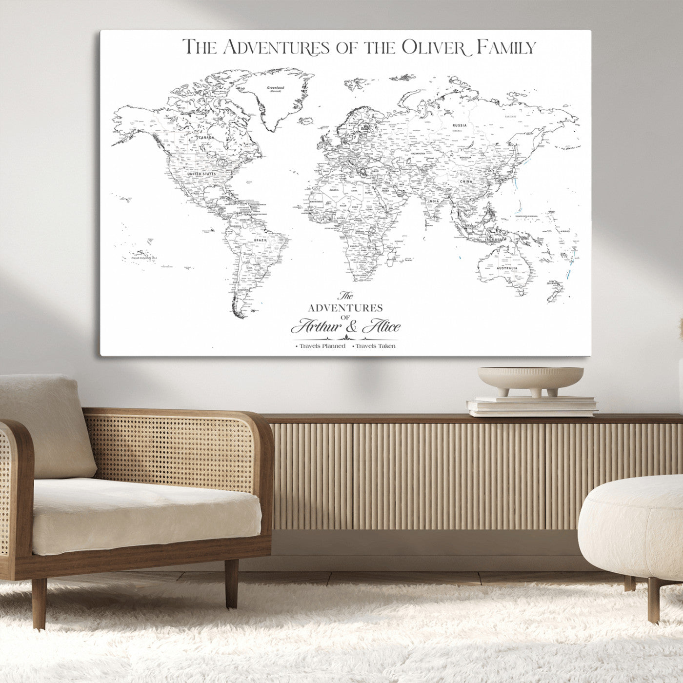 21029247-MGV-CV-36X24-Minimalist World Map Wall Art – Black and White Travel Adventure Print, Modern Family Travel Map Decor for Living Room, Bedroom,