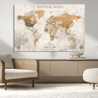 99422096-MGV-CV-36X24-Adventure Awaits World Map Wall Art – Neutral Beige Canvas Print, Modern Travel Inspired Wall Decor for Living Room, Bedroom or