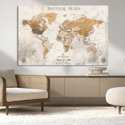 99422096-MGV-CV-36X24-Adventure Awaits World Map Wall Art – Neutral Beige Canvas Print, Modern Travel Inspired Wall Decor for Living Room, Bedroom or
