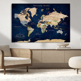 43160428-MGV-CV-36X24-Adventure Awaits Navy Blue World Map – Vibrant Travel Canvas Wall Art, Antique Atlas Print, Wanderlust Decor for Home Office