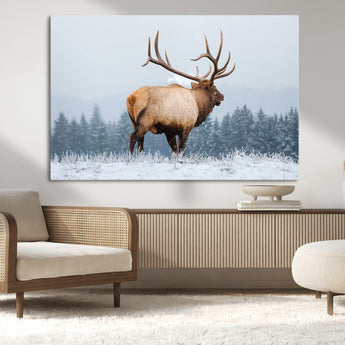 85177251-MGV-CV-36X24-Elk Wall Art – Majestic Wildlife Canvas Print of Bull Elk Snowy Forest, Rustic Nature Decor for Living Room, Cabin, or Office