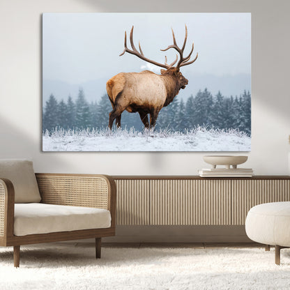 85177251-MGV-CV-36X24-Elk Wall Art – Majestic Wildlife Canvas Print of Bull Elk Snowy Forest, Rustic Nature Decor for Living Room, Cabin, or Office