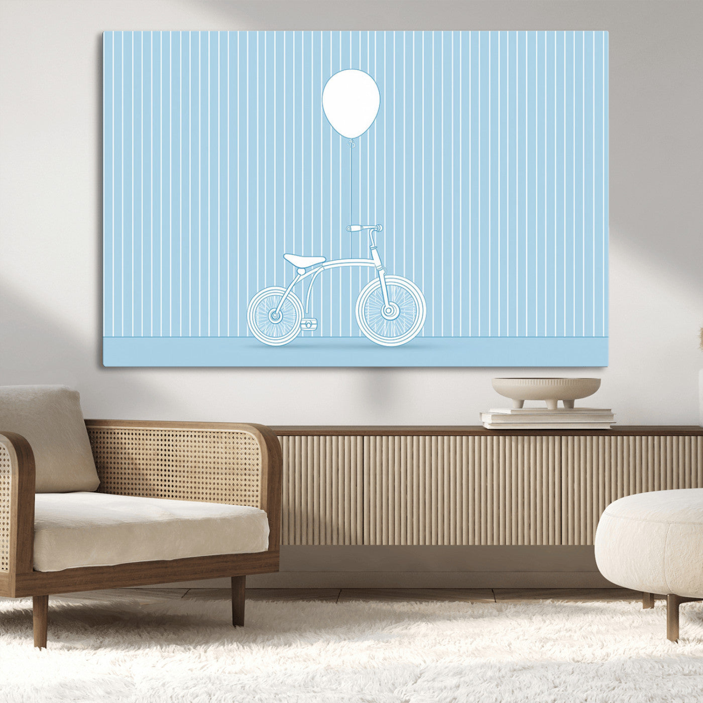 56479838-MGV-CV-36X24-Bicycle Wall Art – Minimalist Blue Canvas Print with Balloon Illustration, Modern Decor Artwork for Kids Room, Nursery, or Living