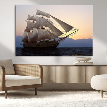 31270610-MGV-CV-36X24-Sailing Ship Wall Art – Sunset Seascape Canvas Print with Tall Ship at Sea, Nautical Ocean Decor for Living Room, Office, or