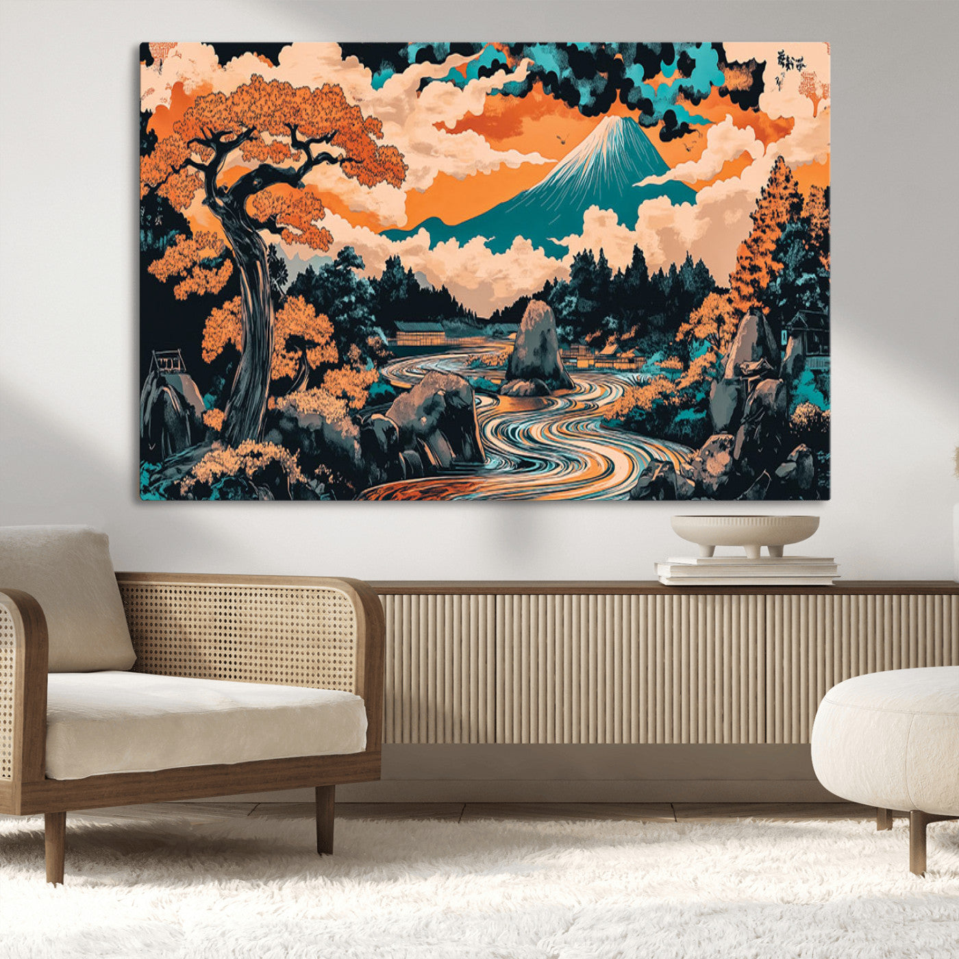 21638941-MGV-CV-36X24-Japanese Landscape Wall Art – Mount Fuji and Flowing River Ukiyo-e Style Canvas Print, Traditional Japan Inspired Artwork for