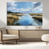 87082041-MGV-CV-36X24-Marshland Landscape Wall Art – Serene Nature Canvas Print with Blue Sky and Reflections, Tranquil Scenic Painting for Living Room,