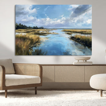 87082041-MGV-CV-36X24-Marshland Landscape Wall Art – Serene Nature Canvas Print with Blue Sky and Reflections, Tranquil Scenic Painting for Living Room,