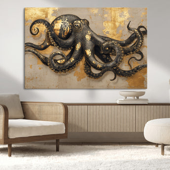 57944271-MGV-CV-36X24-Octopus Wall Art – Black and Gold Nautical Canvas Print, Modern Ocean Inspired Artwork with Elegant Detailing, Coastal Marine