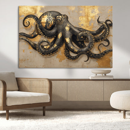 57944271-MGV-CV-36X24-Octopus Wall Art – Black and Gold Nautical Canvas Print, Modern Ocean Inspired Artwork with Elegant Detailing, Coastal Marine