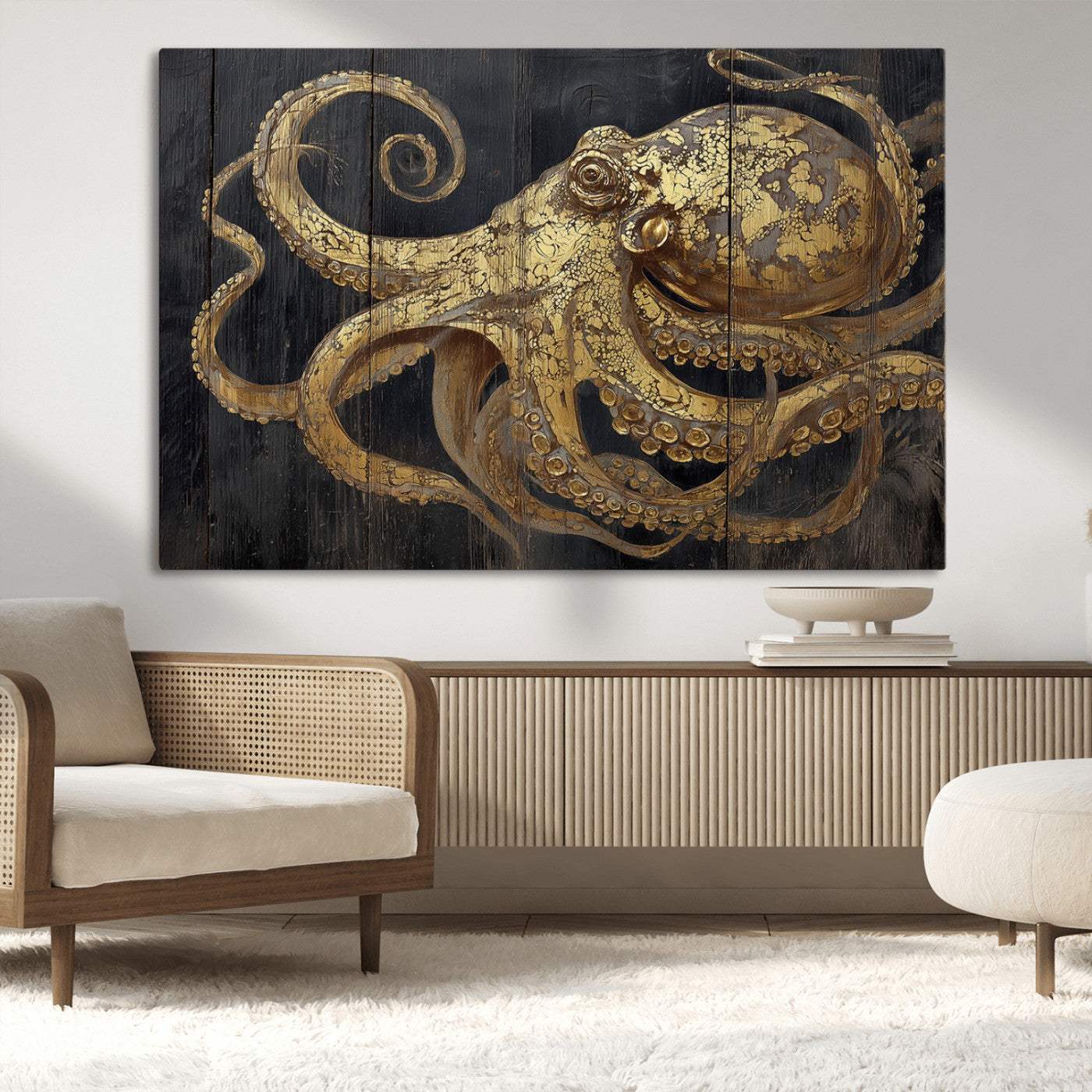 47056538-MGV-CV-36X24-Octopus Wall Art – Gold Nautical Canvas Print with Rustic Wood Texture, Marine Creature Artwork for Coastal Ocean Decoration in