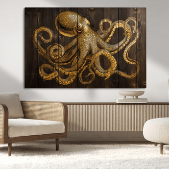 56769669-MGV-CV-36X24-Octopus Wall Art – Gold Nautical Canvas Print with Rustic Wood Panel Design, Detailed Marine Artwork for Coastal Ocean Decoration