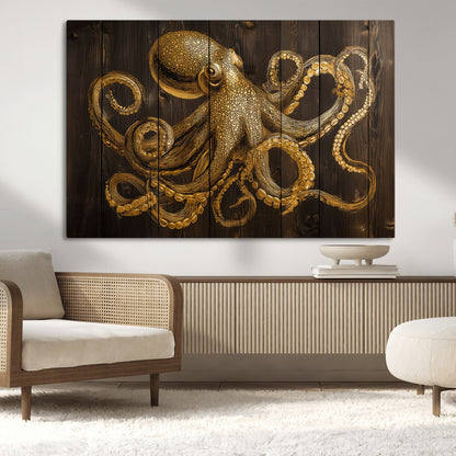 56769669-MGV-CV-36X24-Octopus Wall Art – Gold Nautical Canvas Print with Rustic Wood Panel Design, Detailed Marine Artwork for Coastal Ocean Decoration