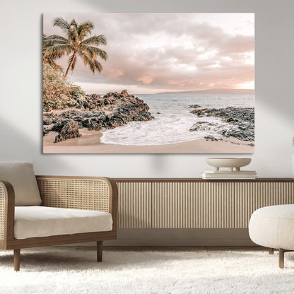 18005328-MGV-CV-36X24-Tropical Beach Canvas Wall Art – Palm Tree, Rocky Shoreline, Ocean Waves, Sunset Clouds, Calm Sea, Island Nature Relaxation for