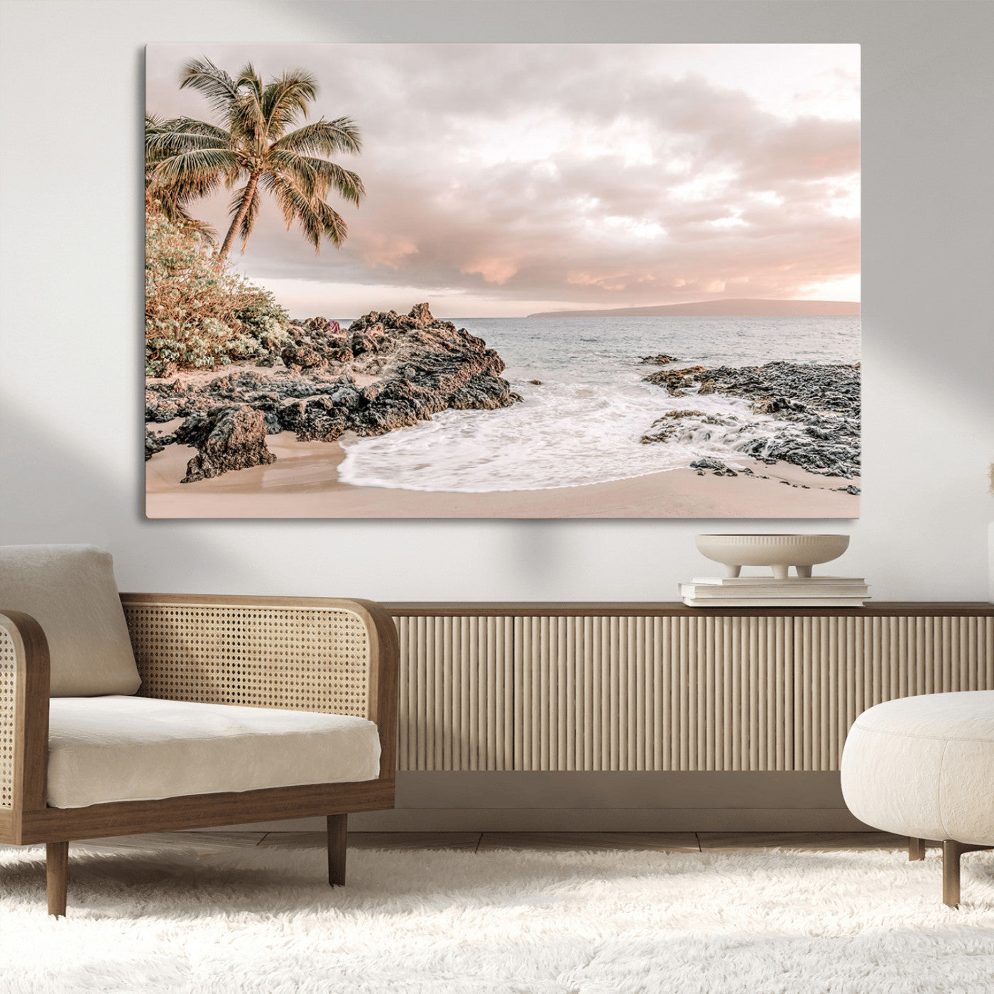 18005328-MGV-CV-36X24-Tropical Beach Wall Art – Coastal Ocean Canvas Print with Palm Tree, Sunset Sky and Rocky Shore, Serene Seascape Photography for