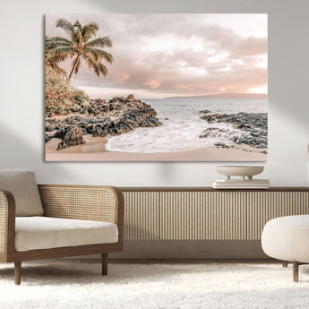 18005328-MGV-CV-36X24-Tropical Beach Wall Art – Coastal Ocean Canvas Print with Palm Tree, Sunset Sky and Rocky Shore, Serene Seascape Photography for