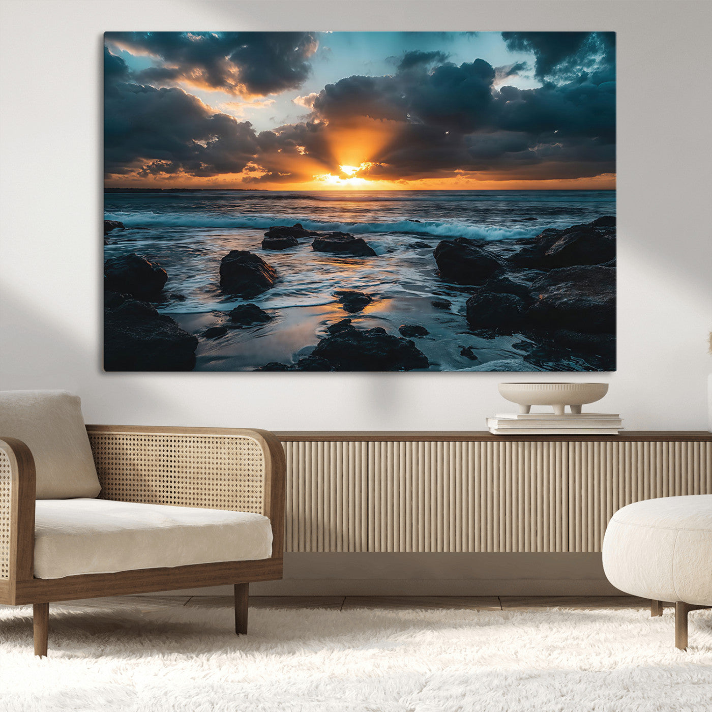 66040852-MGV-CV-36X24-Ocean Sunset Canvas Wall Art – Rocky Shore Waves, Dramatic Clouds, Golden Sun Rays, Coastal Nature, Serene Water Reflection for