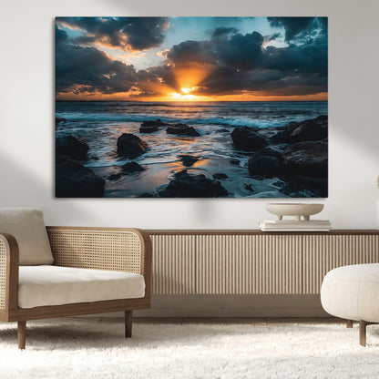 66040852-MGV-CV-36X24-Ocean Sunset Canvas Wall Art – Rocky Shore Waves, Dramatic Clouds, Golden Sun Rays, Coastal Nature, Serene Water Reflection for