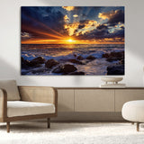 35900590-MGV-CV-36X24-Sunset Ocean Waves Canvas Wall Art – Rocky Shore, Dramatic Sky, Golden Sun Rays, Coastal Beauty, Serene Water Motion for Living