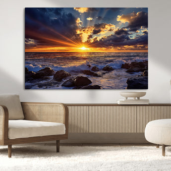 35900590-MGV-CV-36X24-Sunset Ocean Waves Canvas Wall Art – Rocky Shore, Dramatic Sky, Golden Sun Rays, Coastal Beauty, Serene Water Motion for Living