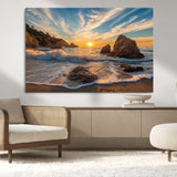 85659923-MGV-CV-36X24-Rocky Ocean Sunset Canvas Wall Art – Seaside Dramatic Seascape Print, Coastal Modern Decor, Ocean Sunset Art for Living Room or