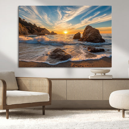 85659923-MGV-CV-36X24-Rocky Ocean Sunset Canvas Wall Art – Seaside Dramatic Seascape Print, Coastal Modern Decor, Ocean Sunset Art for Living Room or