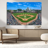 35800083-MGV-CV-36X24-Wrigley Field Baseball Stadium Canvas Wall Art – Packed Crowd Sports Stadium Print, City Skyline Baseball Field Canvas for Game