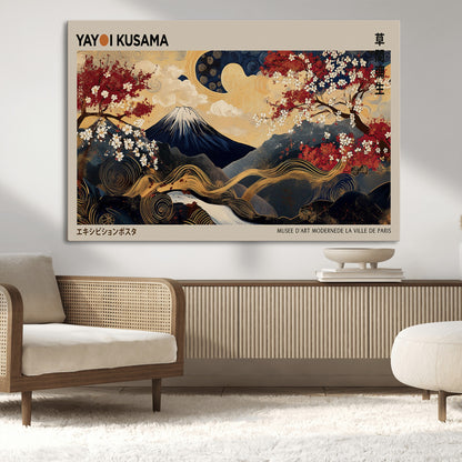 66892669-MGV-CV-36X24-Yayoi Kusama Japanese Inspired Canvas Print – Mt. Fuji & Floral Scene Wall Art, Framed Asian Style Canvas for Home, Office or