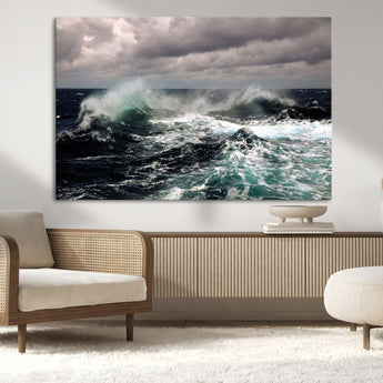 38622353-MGV-CV-36X24-Ocean Wave Wall Art – Dramatic Seascape Canvas Print with Stormy Sky and Crashing Sea, Bold Coastal Photography for Living Room,