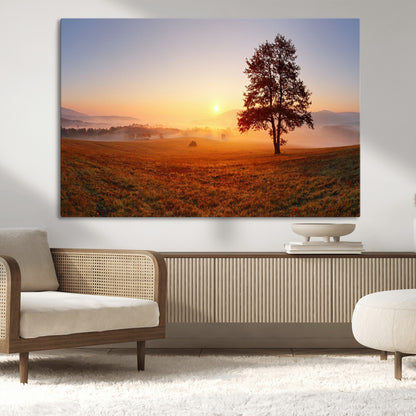 57919623-MGV-CV-36X24-Sunrise Landscape Wall Art – Golden Morning Canvas Print with Tree, Misty Hills and Open Field, Peaceful Nature Photography for