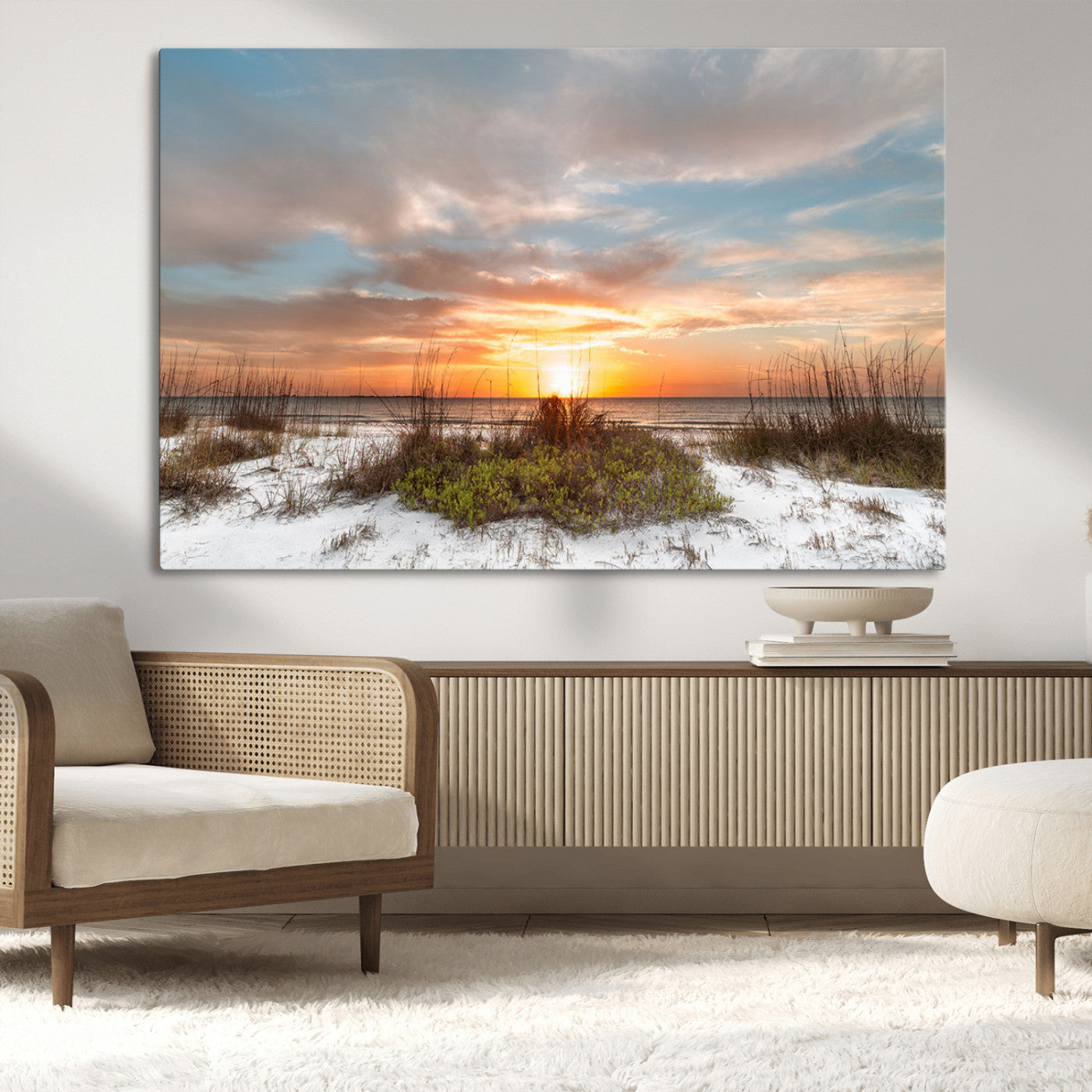 58266230-MGV-CV-36X24-Beach Sunset Wall Art – Coastal Canvas Print with Sandy Dunes, Sea Grass and Golden Sky, Serene Ocean Landscape Photography for