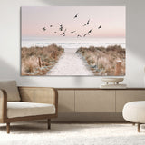 34632598-MGV-CV-36X24-Beach Pathway Wall Art – Coastal Canvas Print with Sandy Trail, Flying Birds and Pastel Sky, Serene Ocean Landscape Photography