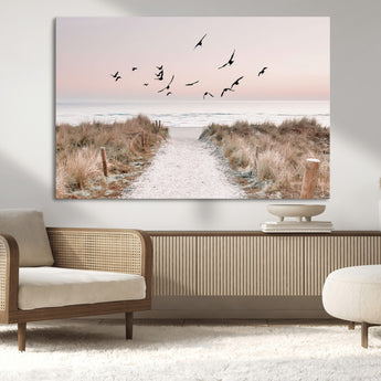 34632598-MGV-CV-36X24-Beach Pathway Wall Art – Coastal Canvas Print with Sandy Trail, Flying Birds and Pastel Sky, Serene Ocean Landscape Photography