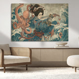 52037775-MGV-CV-36X24-Tsukioka Yoshitoshi Samurai Wall Art Print, Japanese Katana Warrior Canvas Wall Art, Octopus Sea Monster Canvas Print,
