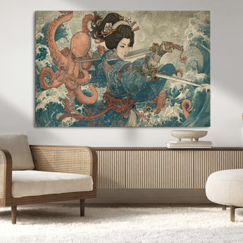 52037775-MGV-CV-36X24-Tsukioka Yoshitoshi Samurai Wall Art Print, Japanese Katana Warrior Canvas Wall Art, Octopus Sea Monster Canvas Print,