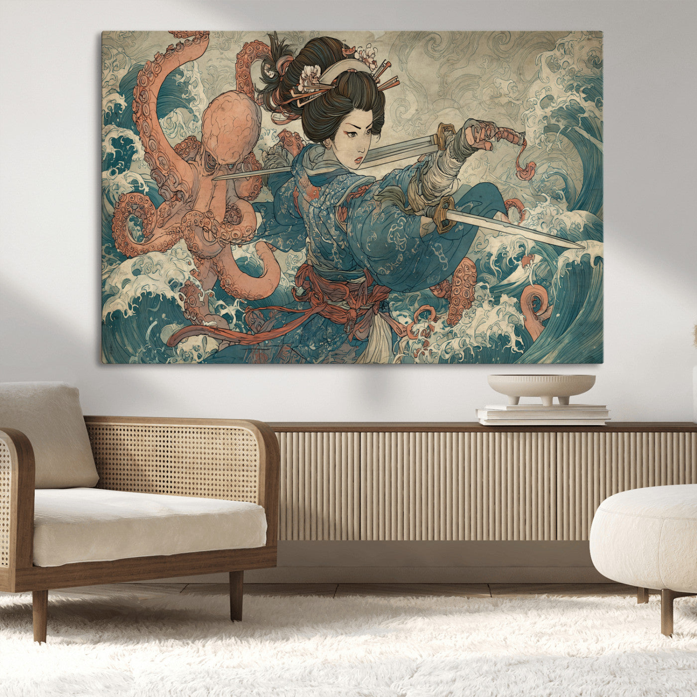 52037775-MGV-CV-36X24-Samurai Woman Wall Art – Japanese Ukiyo e Style Canvas Print with Katana, Ocean Waves and Octopus, Traditional Asian Inspired