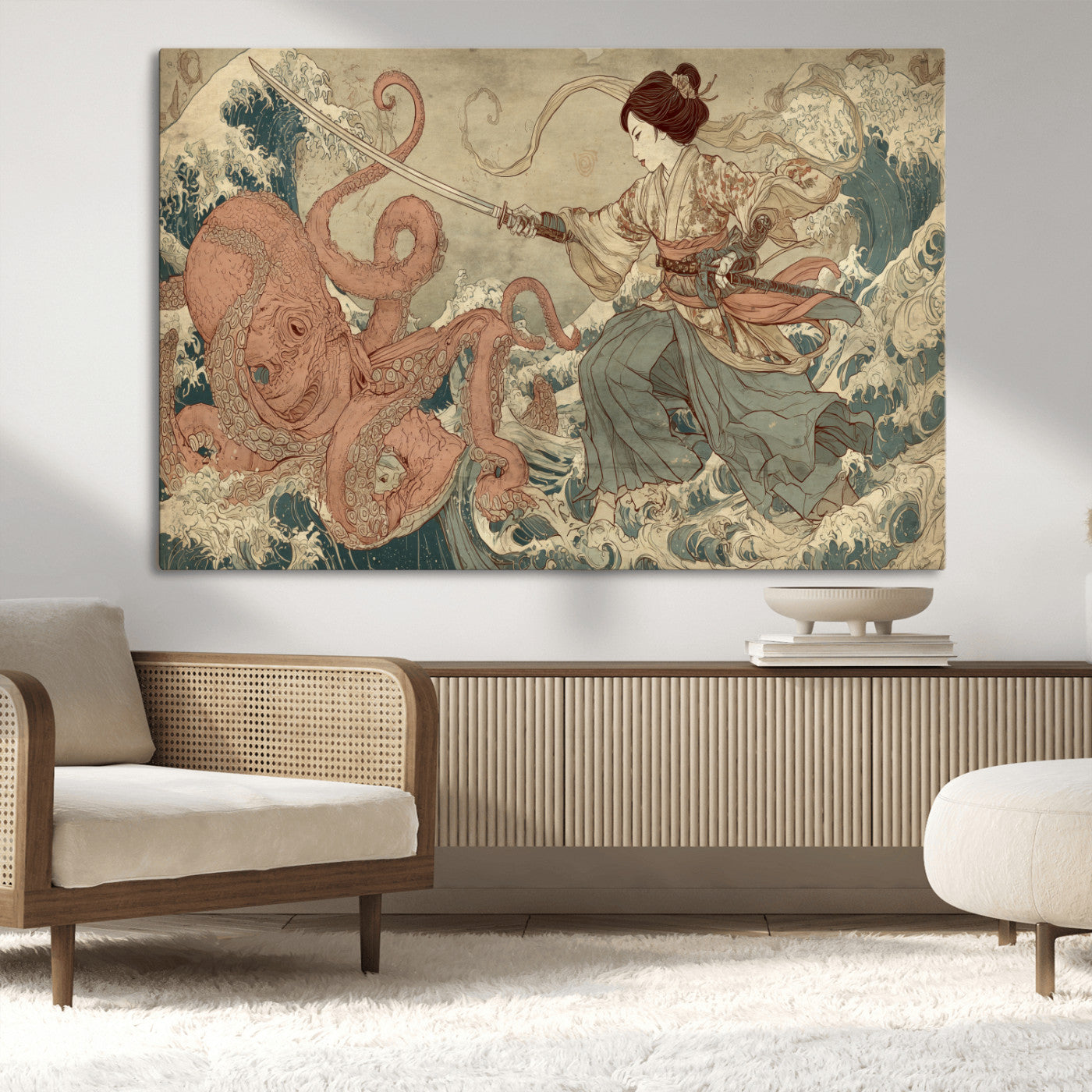 54879547-MGV-CV-36X24-Tsukioka Yoshitoshi Samurai Wall Art Print, Japanese Katana Warrior Canvas Wall Art, Octopus Sea Monster Canvas Print,